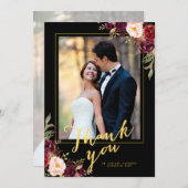 Bourgogne Bloemen Zwart Goud Script Bruiloft Foto Bedankkaart (Voorkant / Achterkant)