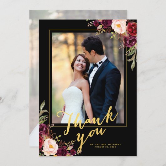 Bourgogne Bloemen Zwart Goud Script Bruiloft Foto Bedankkaart (Voorkant / Achterkant)