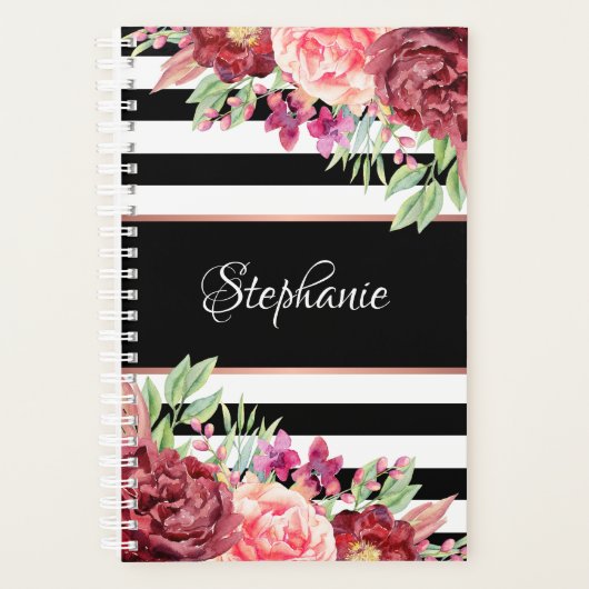 Bourgogne Bloemen Zwarte Strepen Monogram Planner (Voorkant)