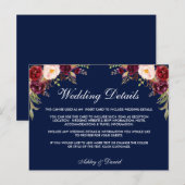 Bourgogne Bloemenblauw Bruiloft Details Invoegen K Briefkaart (Voorkant / Achterkant)