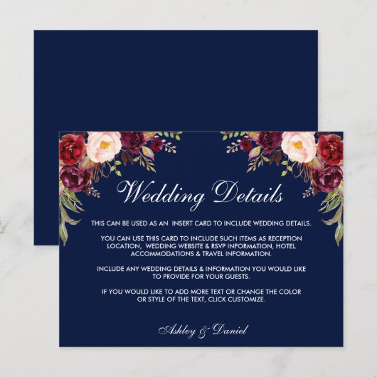 Bourgogne Bloemenblauw Bruiloft Details Invoegen K Briefkaart (Voorkant / Achterkant)