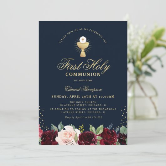 Bourgogne Bloemenblauw Eerste Communie Kaart (Staand voorkant)