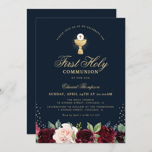 Bourgogne Bloemenblauw Eerste Communie Kaart (Voorkant / Achterkant)