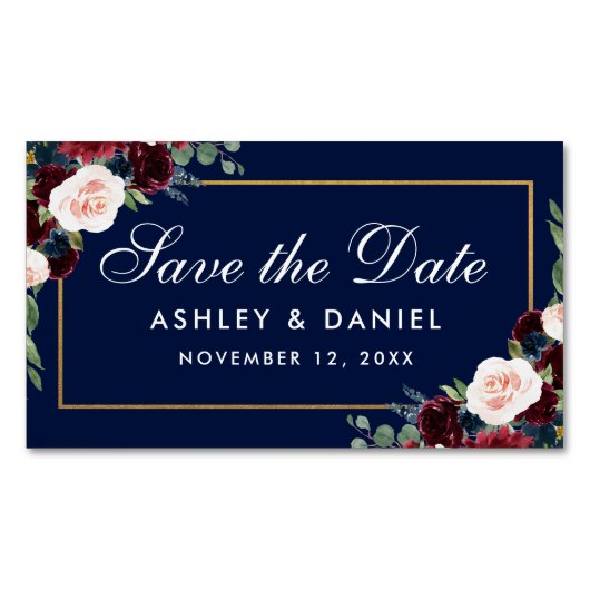 Bourgogne Bloemenblauw Save The Date Mini Magnet Magnetisch Visitekaartje (Voorkant)