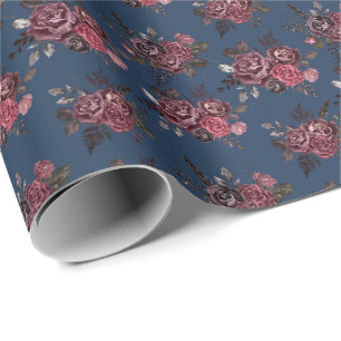 Bourgogne Bloemenboeket op Pruisisch Blauw Cadeaupapier