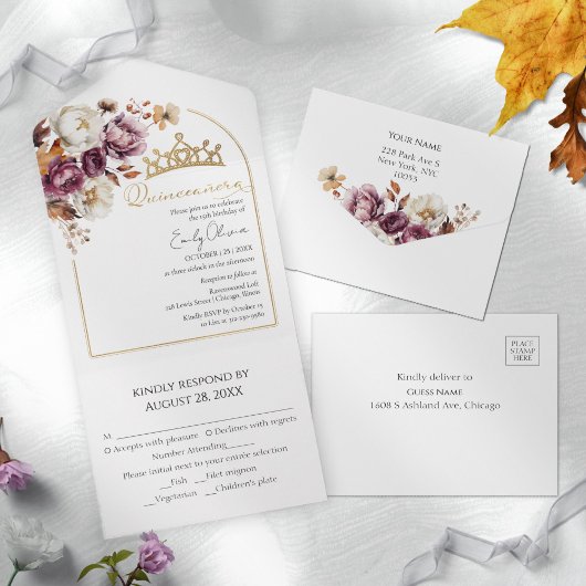 Bourgogne Bloemenboog Herfst Quinceanera All In One Uitnodiging