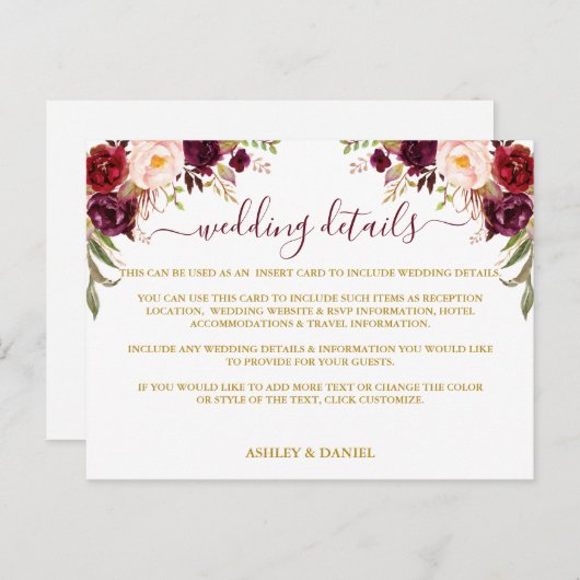 Bourgogne Bloemenbruiloft Details Gouden Inzetstuk Briefkaart (Voorkant / Achterkant)