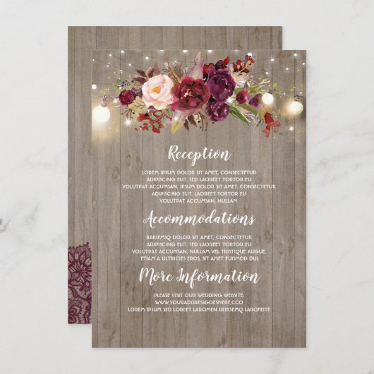 Bourgogne Bloemenbruiloft Informatie Gast Kaart (Voorkant / Achterkant)