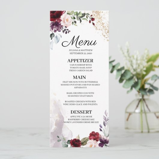 Bourgogne Bloemenbruiloft Menu Kaart (Staand voorkant)