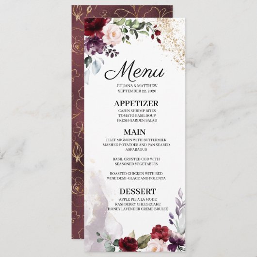 Bourgogne Bloemenbruiloft Menu Kaart (Voorkant / Achterkant)
