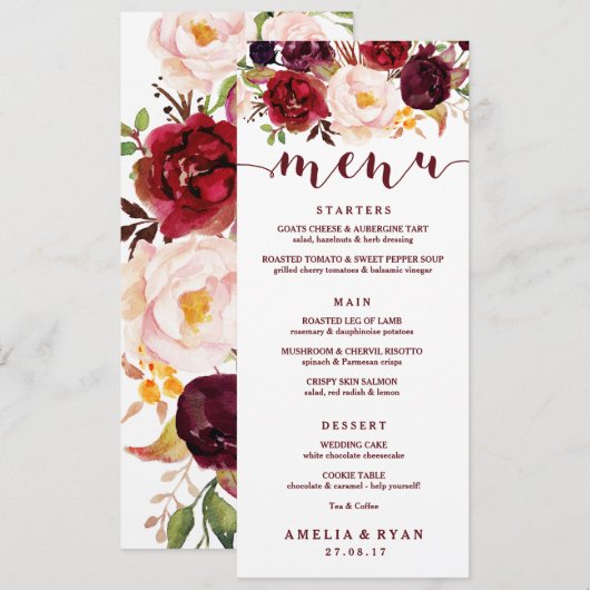 Bourgogne Bloemenbruiloft Menu Kaart (Voorkant / Achterkant)