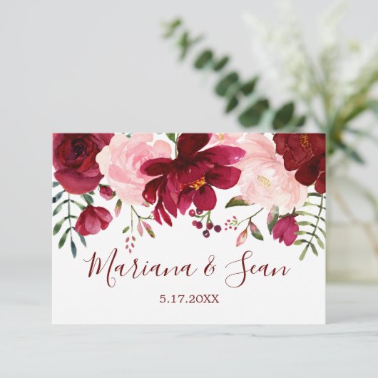 Bourgogne Bloemenbruiloft QR Code Response Kaart (Staand voorkant)