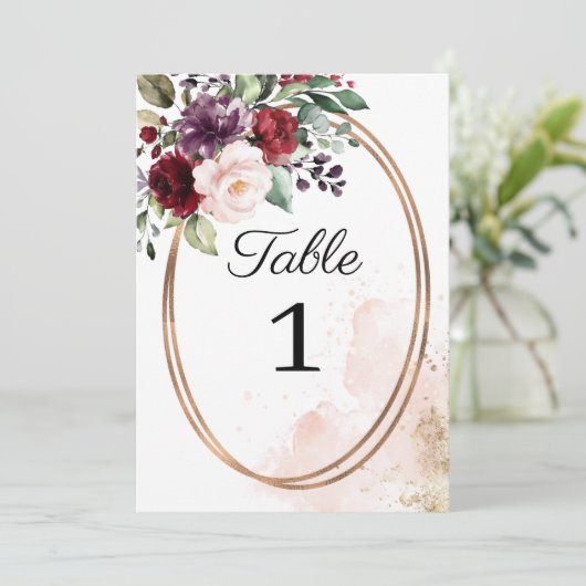 Bourgogne Bloemenbruiloft Tafelnummer (Staand voorkant)