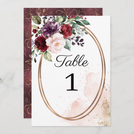 Bourgogne Bloemenbruiloft Tafelnummer (Voorkant / Achterkant)