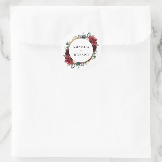 Bourgogne bloemengoud lijst ronde sticker (Tas)