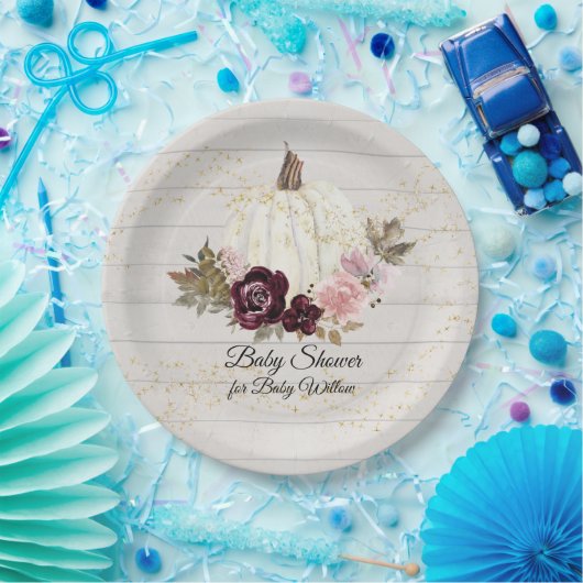 Bourgogne Bloemengoud Wit Pompoen Baby shower Papieren Bordje (Feest)