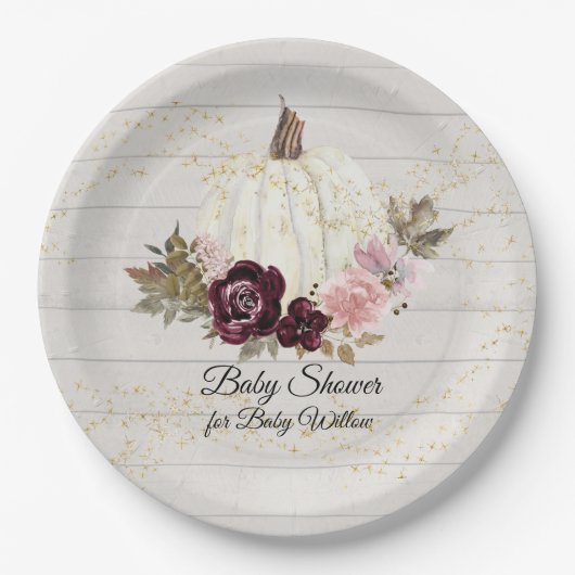 Bourgogne Bloemengoud Wit Pompoen Baby shower Papieren Bordje (Voorkant)