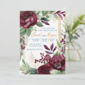 Bourgogne Bloemengroen Boho Huwelijksuitnodiging Kaart (Staand voorkant)