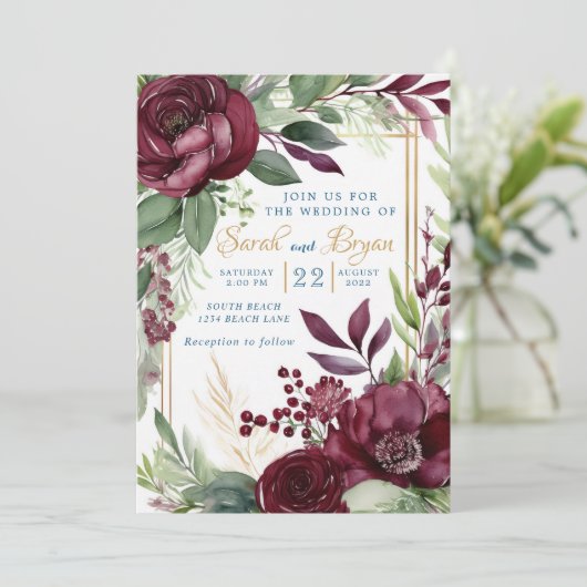 Bourgogne Bloemengroen Boho Huwelijksuitnodiging Kaart (Staand voorkant)