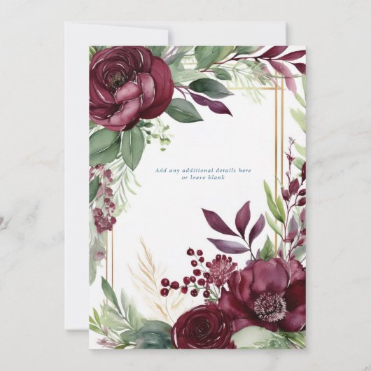 Bourgogne Bloemengroen Boho Huwelijksuitnodiging Kaart (Achterkant)