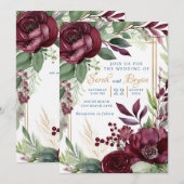 Bourgogne Bloemengroen Boho Huwelijksuitnodiging Kaart (Voorkant / Achterkant)