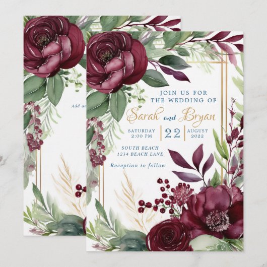 Bourgogne Bloemengroen Boho Huwelijksuitnodiging Kaart (Voorkant / Achterkant)