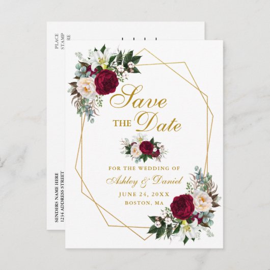 Bourgogne Bloemengroen Goud Bewaar de datum Aankondigingskaart (Voorkant / Achterkant)