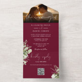 Bourgogne Bloemengroen QR Code Bruiloft Foto All In One Uitnodiging (Binnen)