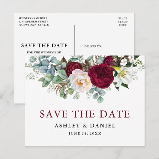 Bourgogne bloemengroen sparen de datum briefkaart (Voorkant / Achterkant)