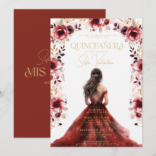 Bourgogne Bloemenjurk Floral Quinceañera Kaart (Voorkant / Achterkant)