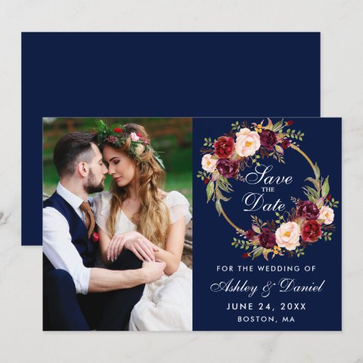 Bourgogne Bloemenkrans Blauw Bewaar de datum Foto  Save The Date (Voorkant / Achterkant)