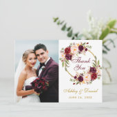 Bourgogne Bloemenkrans Goud Bruiloft Foto Bedankt (Staand voorkant)