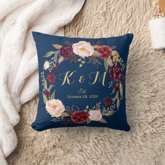 Bourgogne Bloemenkrans Marine Blauw Bruiloft Monog Kussen (Deken)