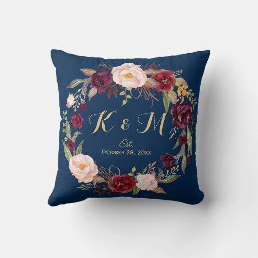 Bourgogne Bloemenkrans Marine Blauw Bruiloft Monog Kussen (Achterkant)