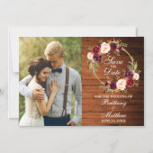 Bourgogne Bloemenkrans Rustiek Hout Bewaar de datu Magnetische Uitnodiging (Voorkant)