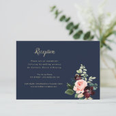 Bourgogne Bloemenmarine Blauw Bruiloft Receptie Ka RSVP Kaartje (Staand voorkant)