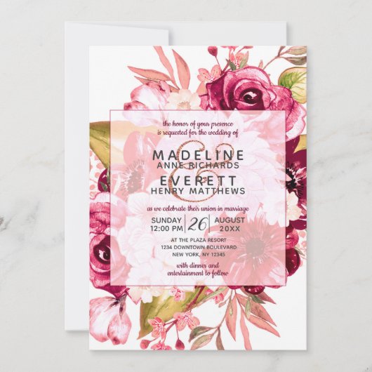 Bourgogne Bloemenplein Lijst bruiloft uitnodiging (Voorkant)