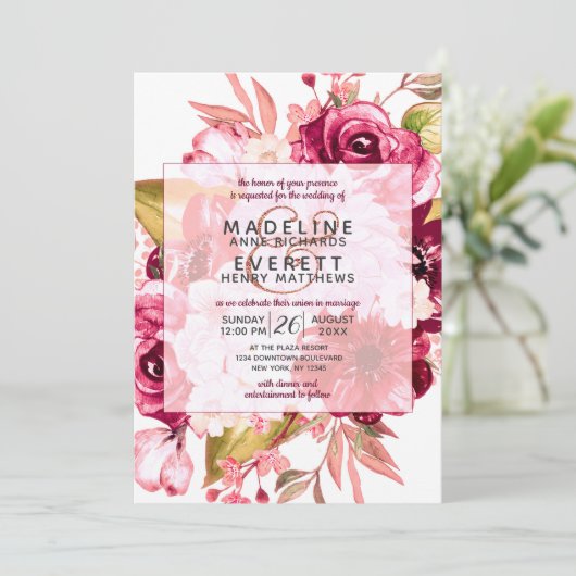 Bourgogne Bloemenplein Lijst bruiloft uitnodiging (Staand voorkant)