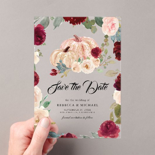 Bourgogne Bloemenpompoen bruiloft Save the Date Acryl Uitnodigingen (Insitu (Draagbaar))
