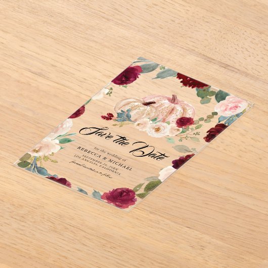 Bourgogne Bloemenpompoen bruiloft Save the Date Acryl Uitnodigingen (Laagn)