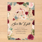 Bourgogne Bloemenpompoen bruiloft Save the Date Acryl Uitnodigingen (Voorkant)