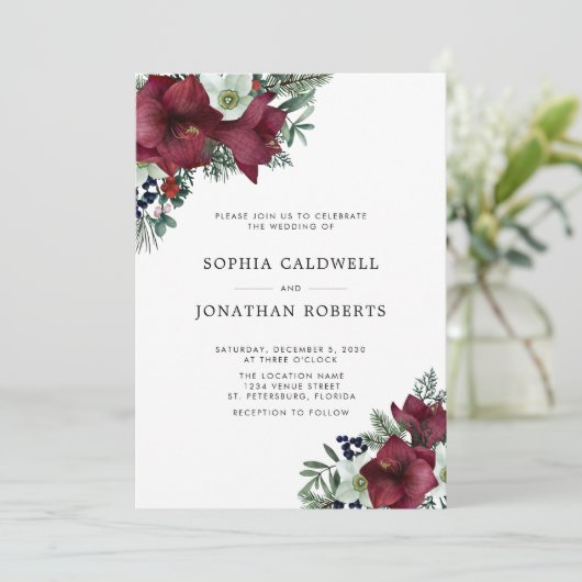 Bourgogne Bloemenvakantie groen Winter bruiloft Kaart (Staand voorkant)