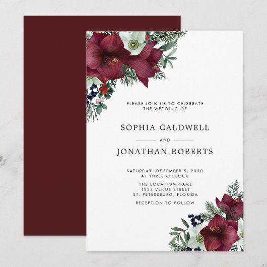 Bourgogne Bloemenvakantie groen Winter bruiloft Kaart (Voorkant / Achterkant)