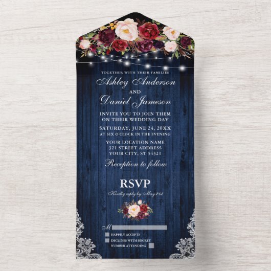 Bourgogne Bloemenverlichting Kant Blauw Hout Bruil All In One Uitnodiging (Binnen)