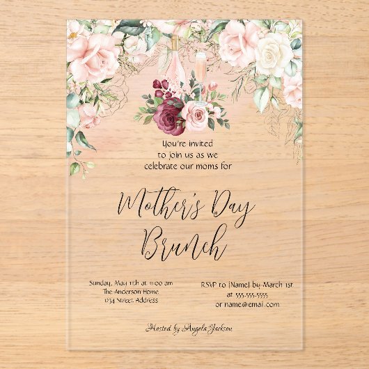 Bourgogne Bloemenwijn Moederdag Brunch Invitatio Acryl Uitnodigingen (Voorkant)