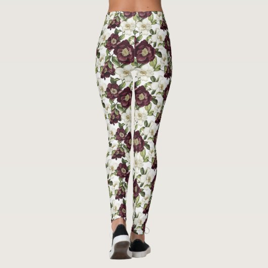 Bourgogne bloemmotief leggings (Achterkant)
