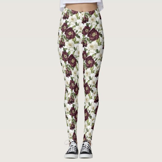 Bourgogne bloemmotief leggings (Voorkant)