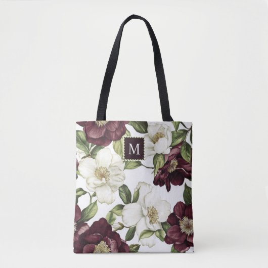 Bourgogne bloemmotief monogram Schort Tote Bag (Voorkant)
