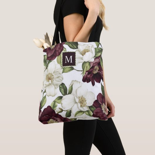 Bourgogne bloemmotief monogram Schort Tote Bag (Dichtbij)