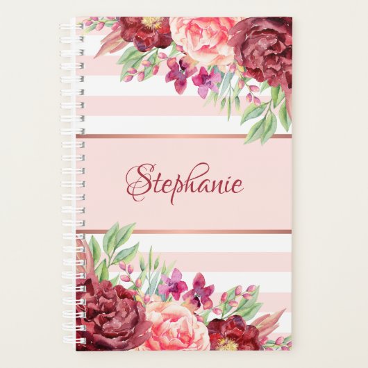 Bourgogne Bloesem Blush Roze Strepen Monogram Planner (Voorkant)